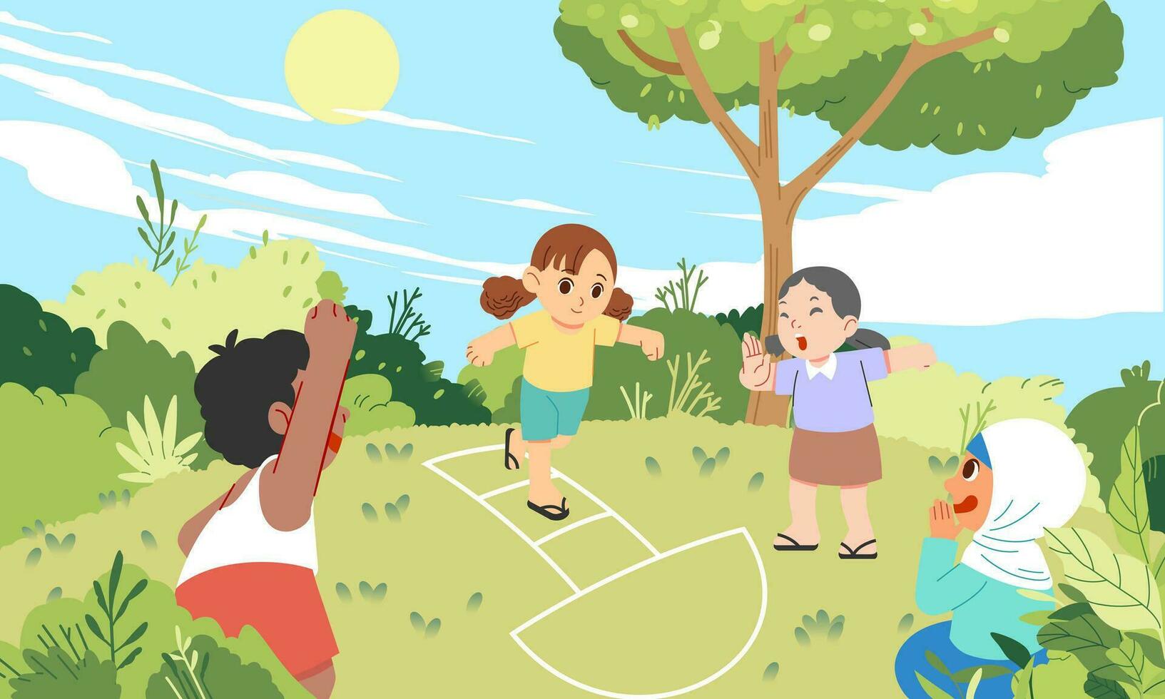 Happy enthusiastic boy and girl children playing Hopscotch in a green and sunny hill field vector