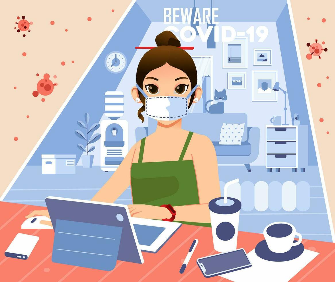 young women wearing mask and working from home to avoid corona virus spreading vector
