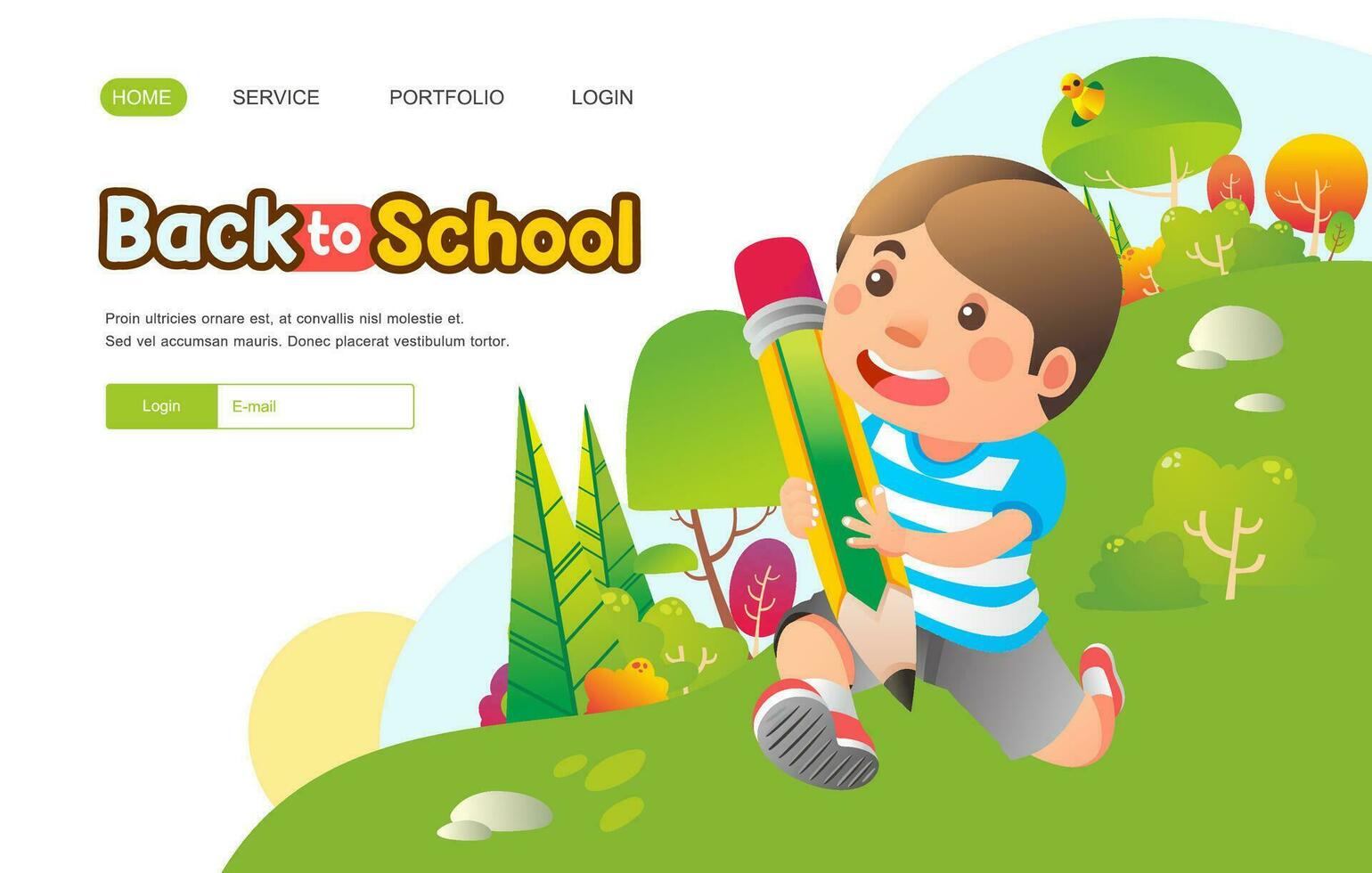 boy running while bringing huge pencil with happy face at outdoor for back. to school banner vector