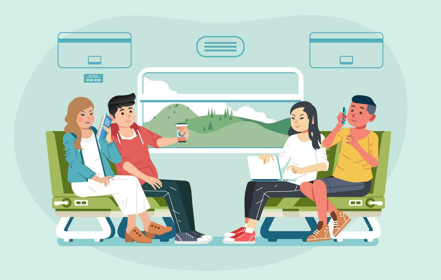 group of young men and women travelling by train sit facing each other and chat vector illustration