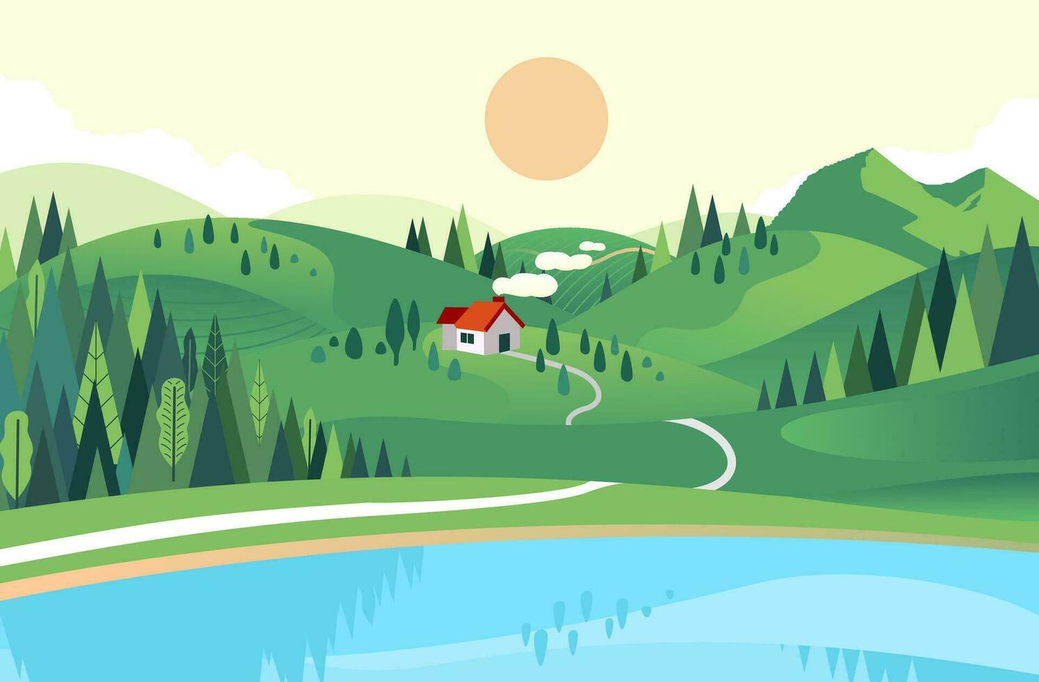 vector ilustración en plano estilo de casa en el colina con lago y bosque cerca. hermosa paisaje ilustración