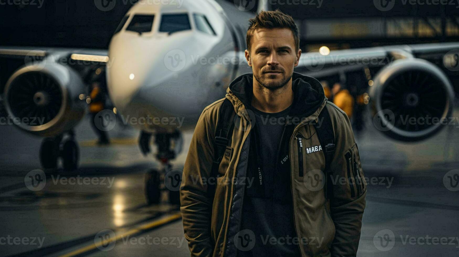 A male aviation engineer worker stands in a hangar in front of an airplane photo