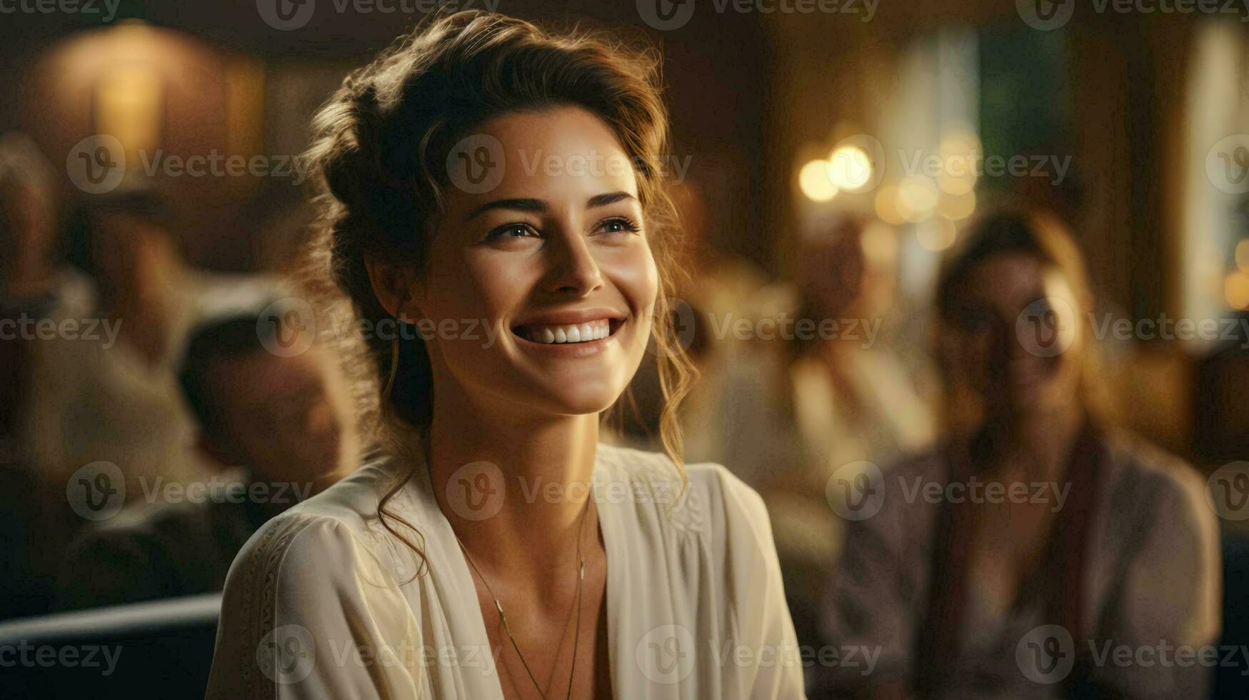 Young beauty woman sits at a table in a cafe and smiles joyfully and laughs photo
