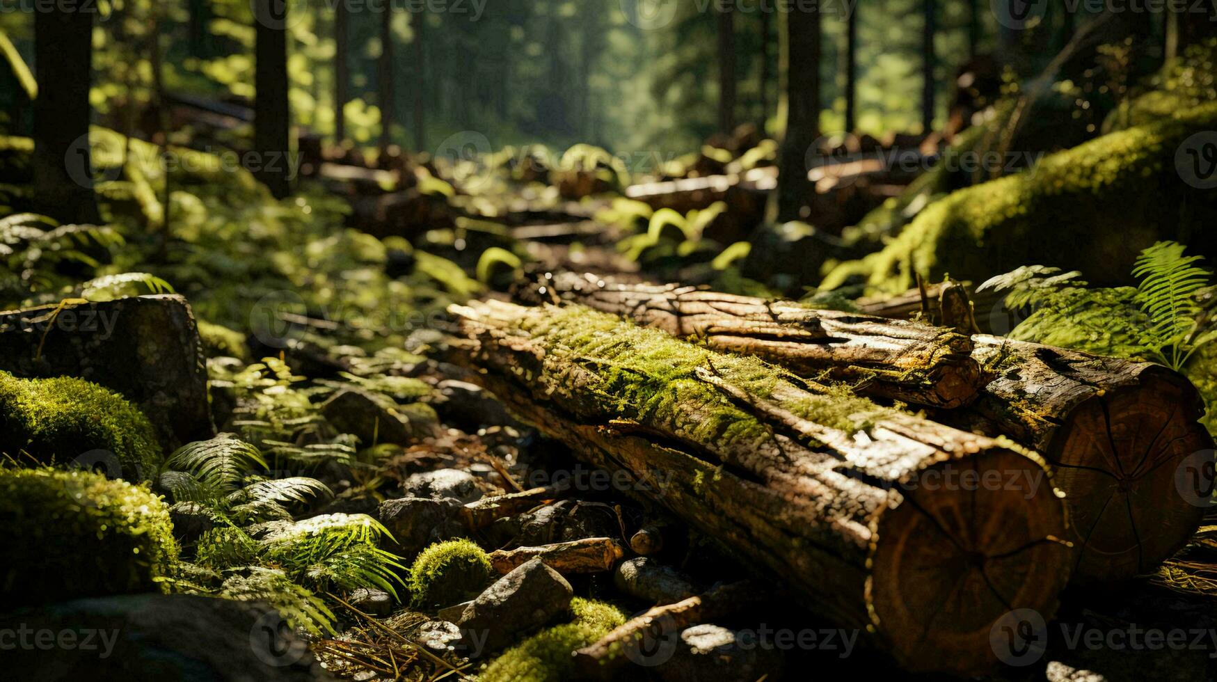 Freshly cut natural logs from trees at logging site in the forest photo