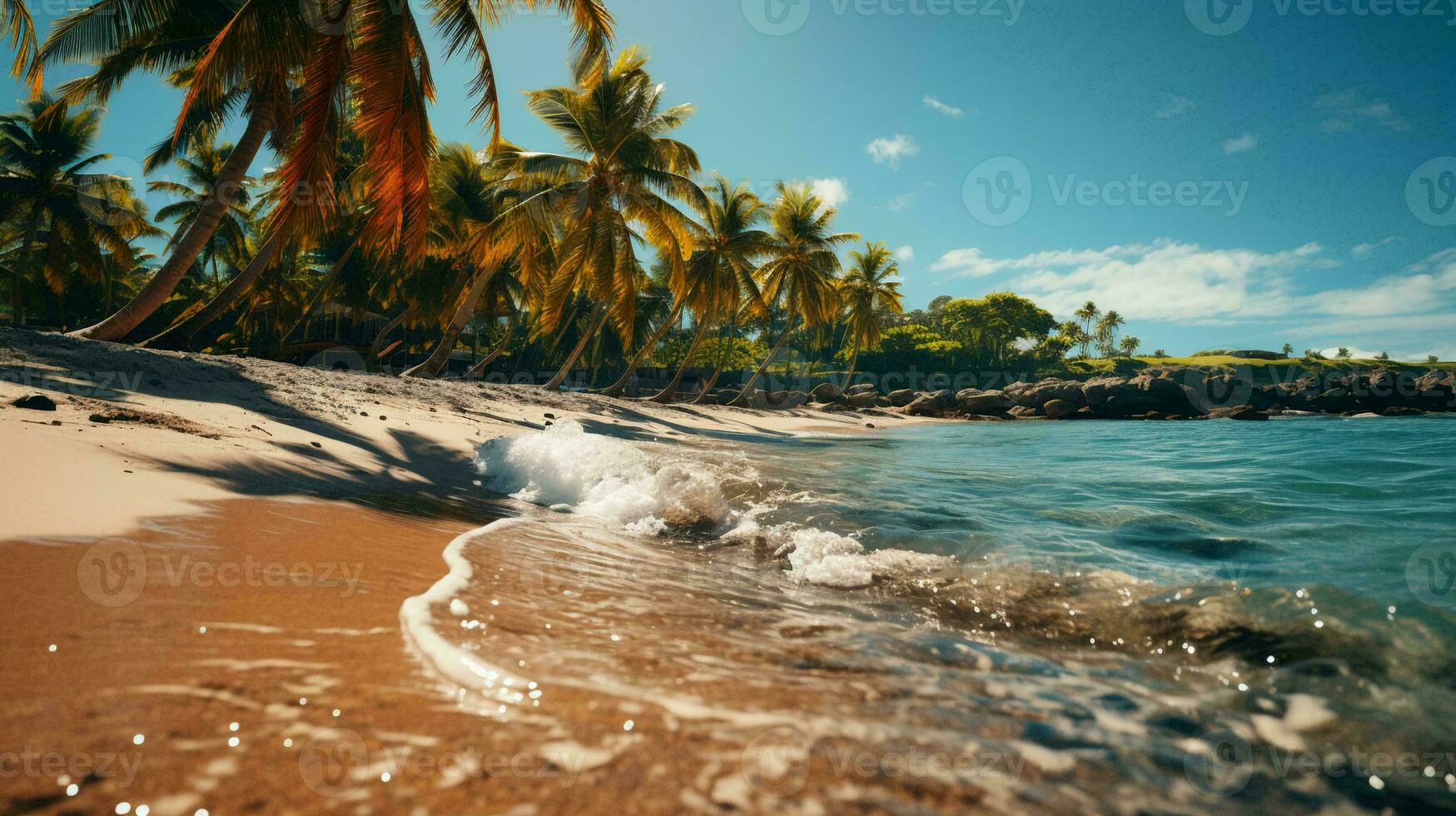 Beautiful tropical paradise sandy beach and sea with palm trees at seaside resort, seaside vacation concept, tourism photo