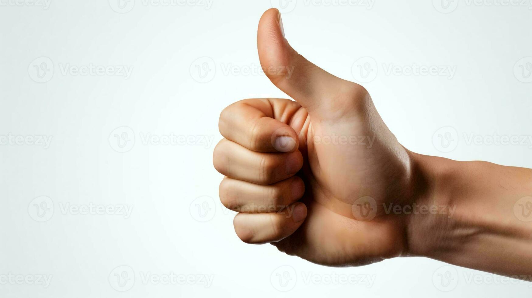 Hand showing super thumb up gesture on white background photo