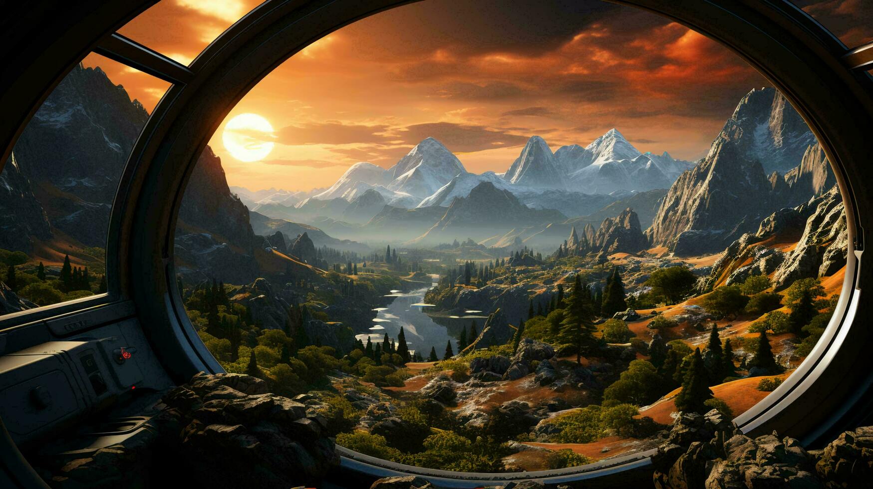 View from inside the cabin of a futuristic spaceship on an exotic alien planet photo