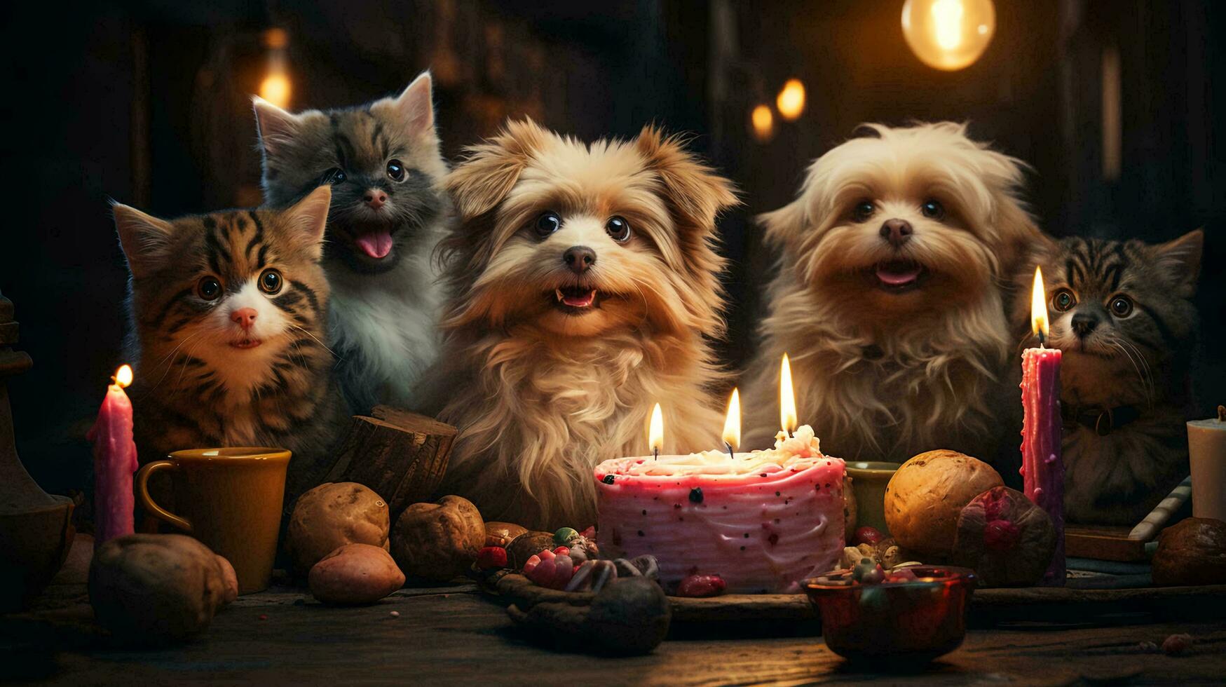 Pets' birthday. Cats and dogs sit near a birthday cake with candles at