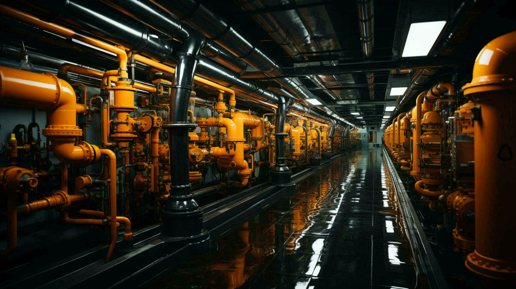 Many iron pipes and pipelines with valves and chemical industrial equipment in the workshop at the factory photo