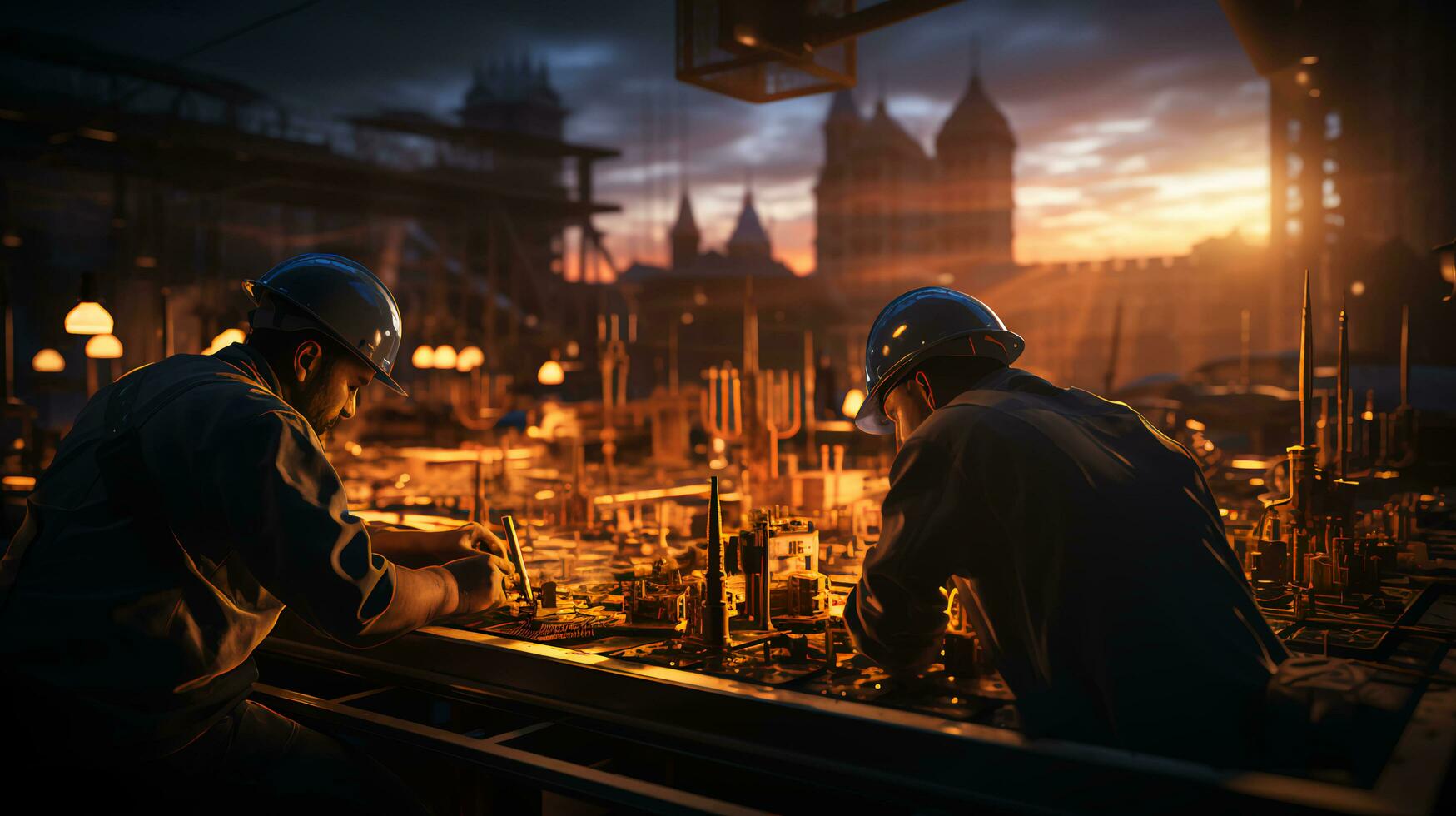 Oil refinery engineer, oil industry worker stands in front of a large chemical plant photo