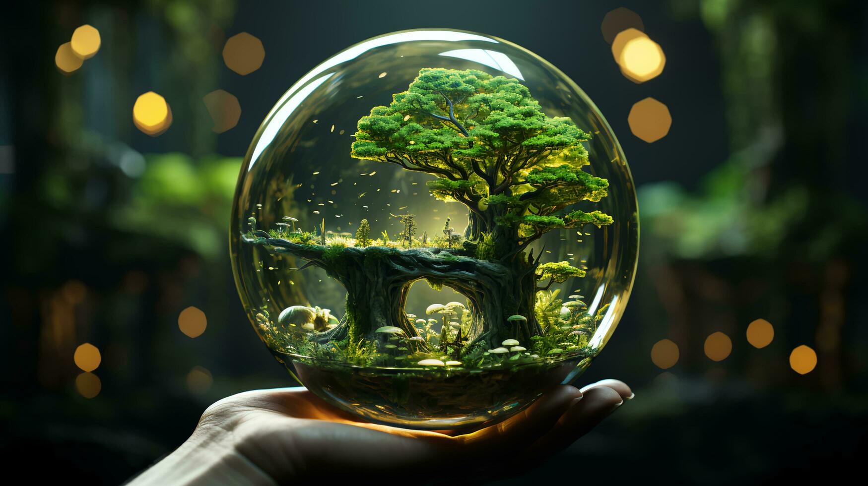 Green natural environmentally friendly wood in a glass dome sphere. Concept green energy ecologist and care for the environment photo