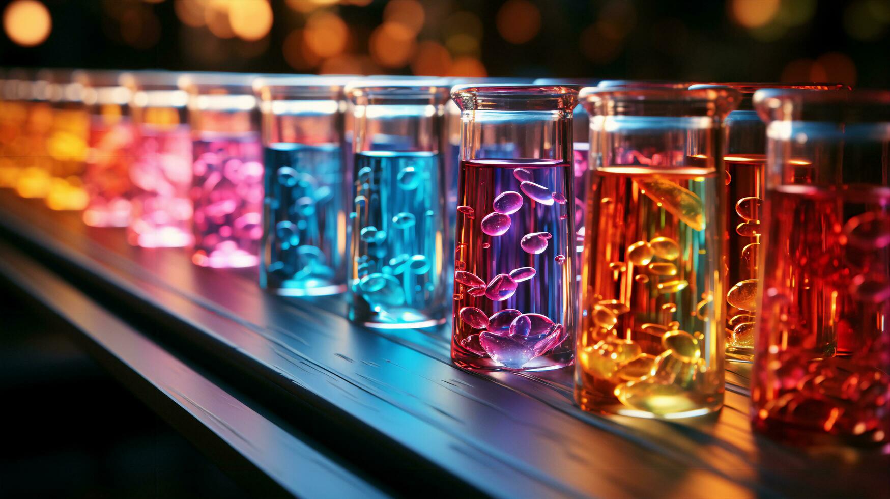 Multi-colored glass flasks and flasks with chemical test tubes in a scientific medical microbiological laboratory with research equipment photo