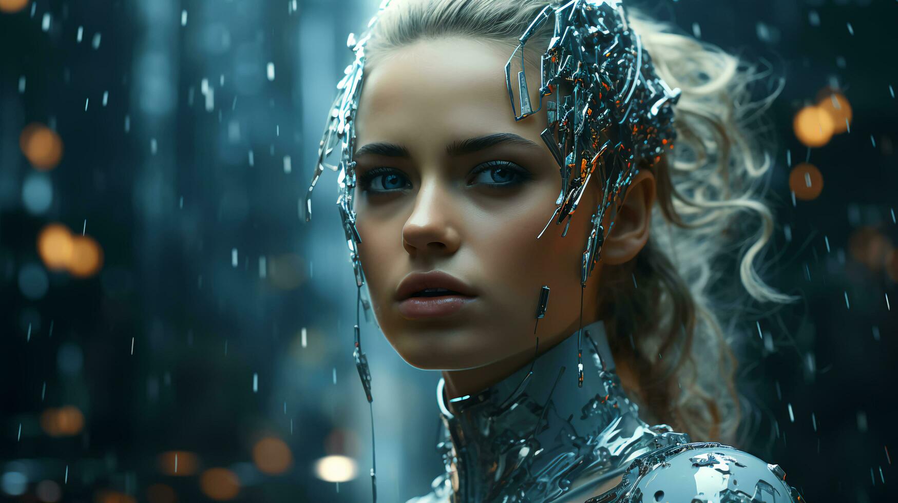 Beautiful face of a futuristic hi-tech cyborg robot woman. Connecting man and computer with artificial intelligence in the future of humanity photo