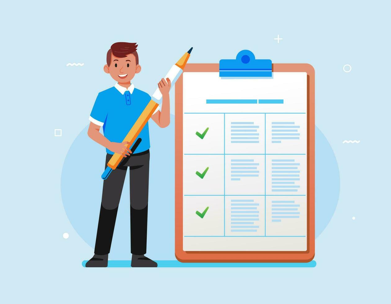 Man with giant pen near marked checklist on clipboard paper Successful completion of tasks list Flat vector illustration