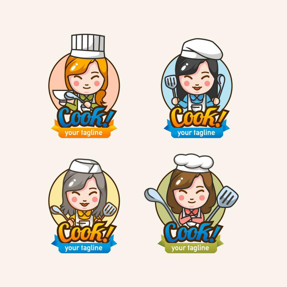 set of four mascot character women cheff with cooking tools and cheff hat vector illustration