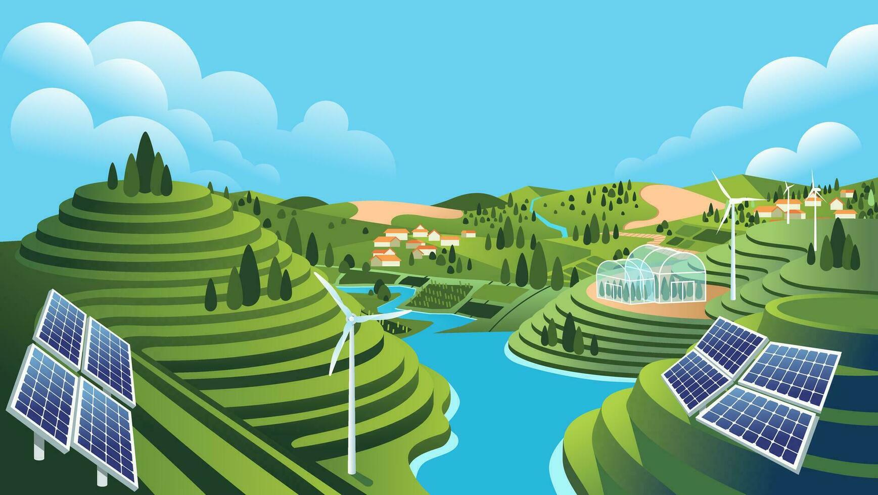 Utilization of renewable energy for modern agriculture with solar panels, windmills. Green landscape of hills, terraced rice fields, rivers and villages vector