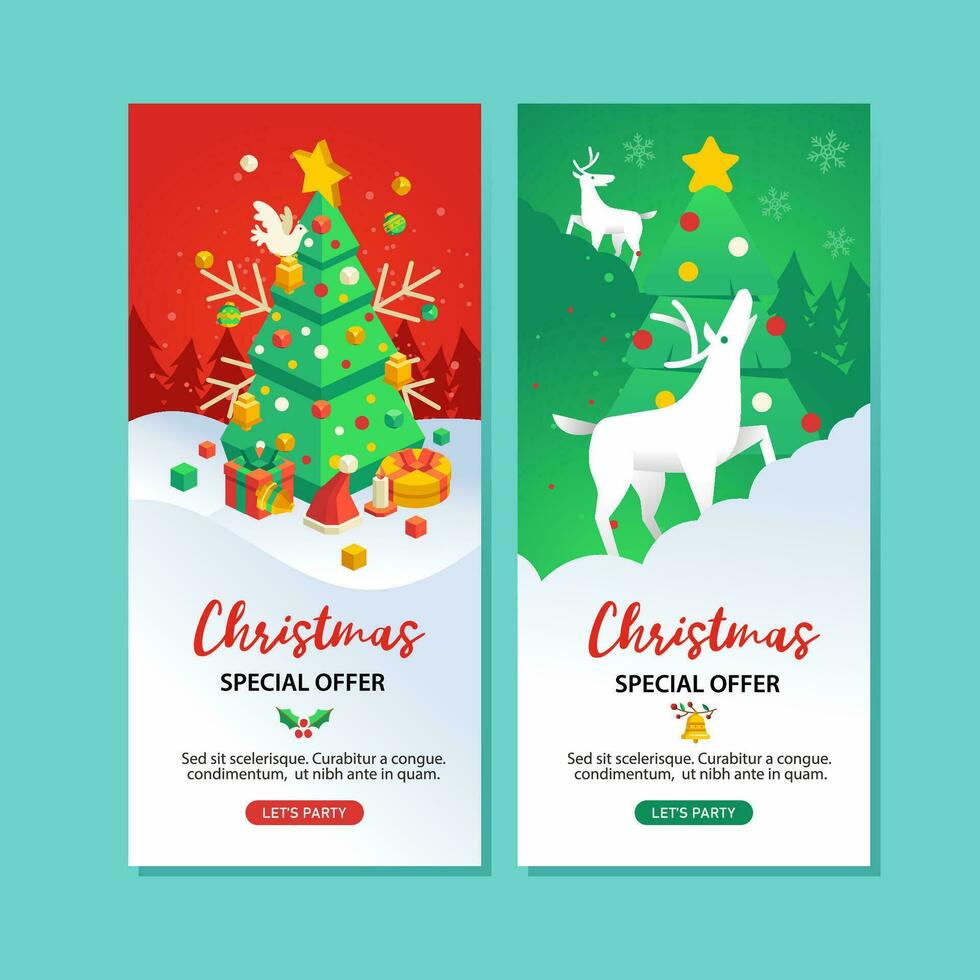 set of christmas special offer ticket with christmas tree, gift, and deer isometric illustration vector