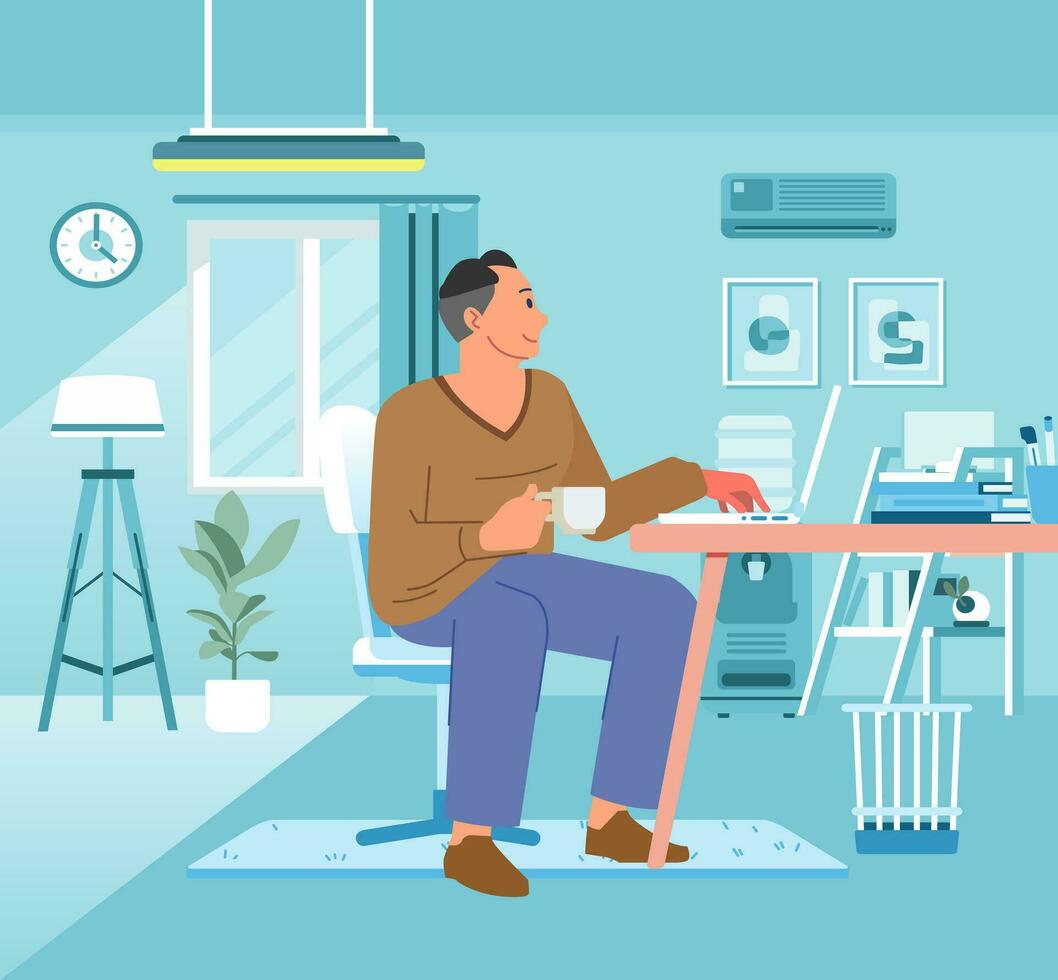 Work at home. Freelance people working in comfortable with a cup of coffee. Freelancer male characters working on laptop at home vector