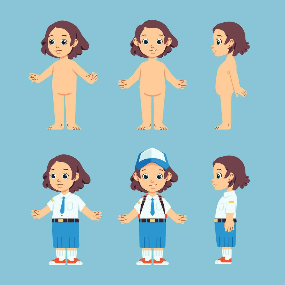 Happy cute girls without clothes, and school uniforms with various views, side, front and three quarters vector