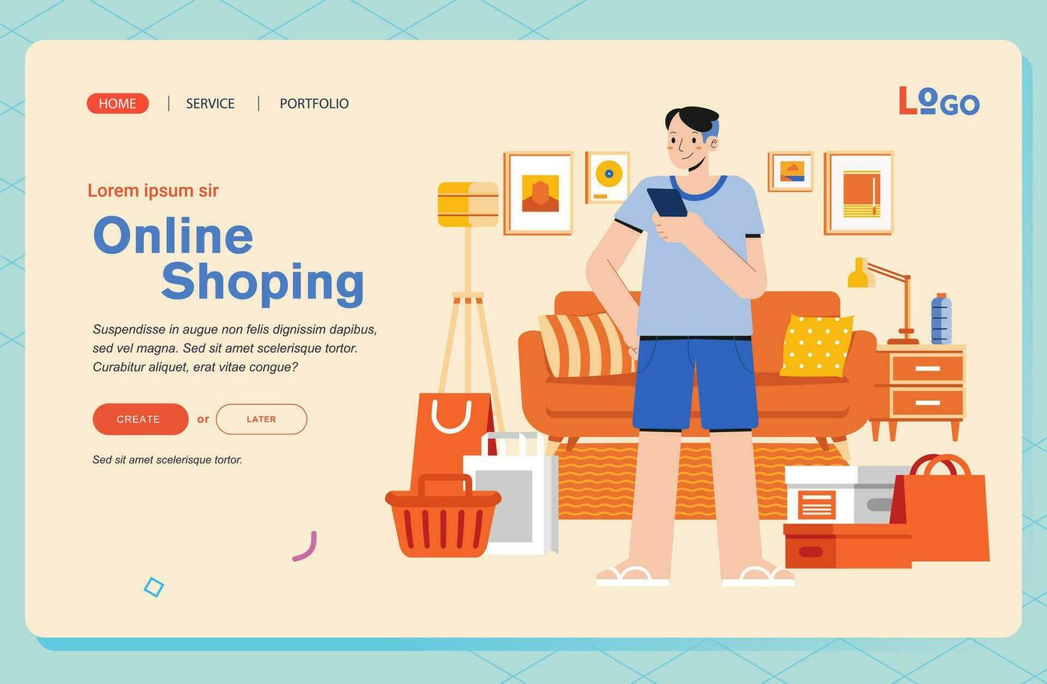 Man internet Online Shopping ordering product from home Web page design template for website and mobile website development, SEO, mobile app, business vector