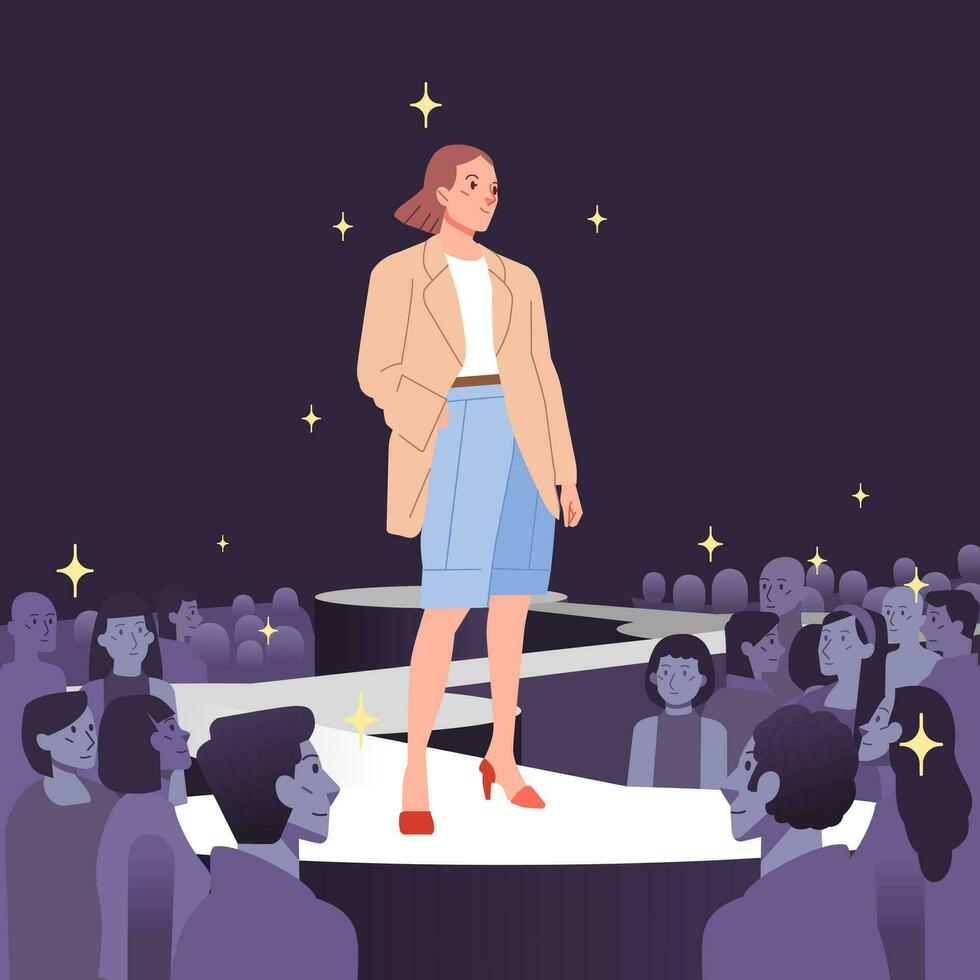 Woman fashion models showing represent a new clothes outfit trendy modern stylish Posing walking on catwalk ramp stage runway. Audience crowd watching vector