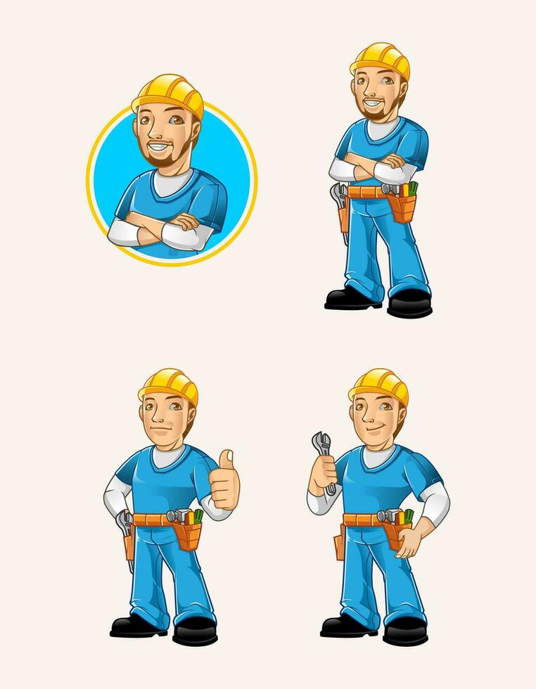 collection character of mechanic standing carrying tool with different pose vector