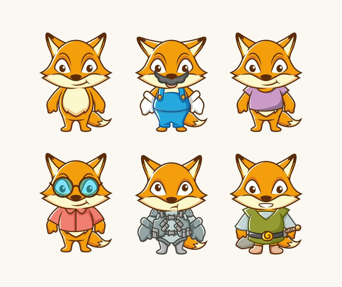 set character illustration of cute fox with different costume and facial expression vector