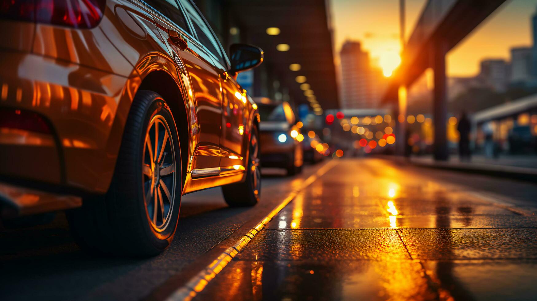 Side view of a car in a big city at sunset photo