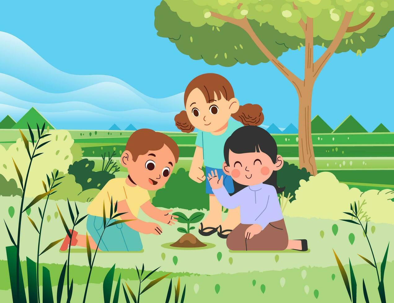 Children boy girl planting sprout plant seed together in nature garden park. Natural care ecology Environmental Save preservation Earth vector