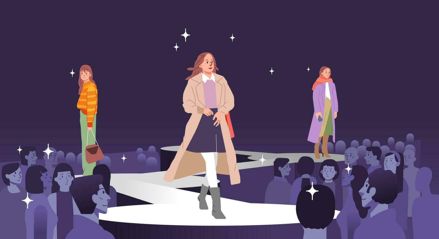 Fashion models girl showing represent new clothes outfit trendy modern stylish Posing walking on catwalk ramp stage runway. Audience crowd watching vector