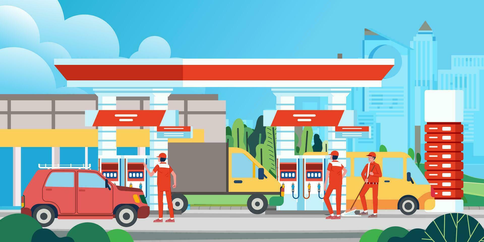 Gas station with shop in city background people refueling cars man in uniform fueling car at petrol station vector