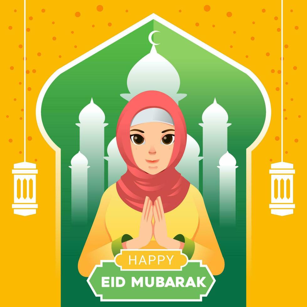 Woman apologizing character ramadhan eid mubarak vector