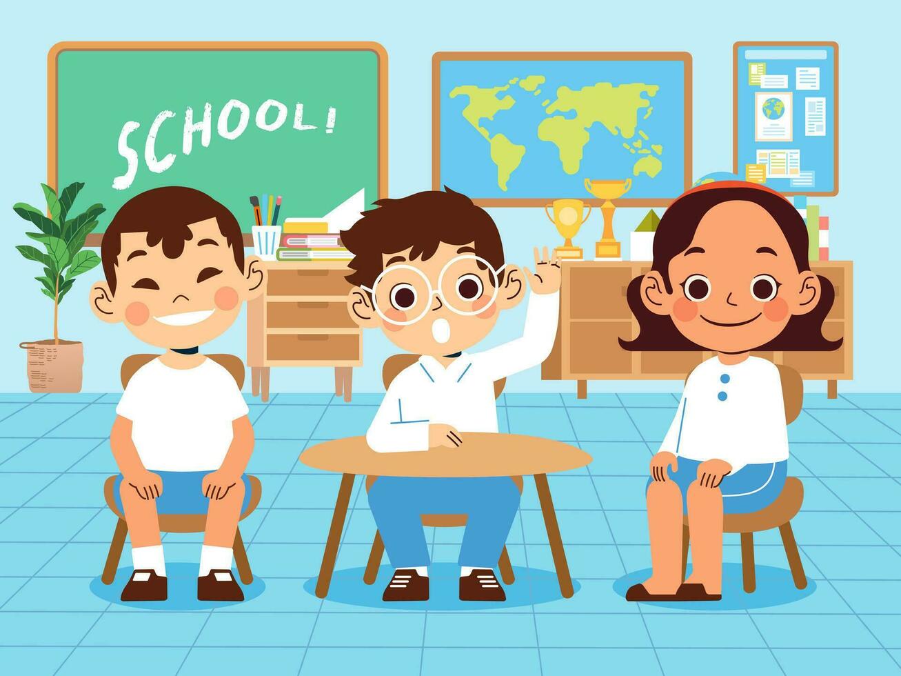 Kindergarten boy and girl studying in the classroom, boys raise their hands to answer vector