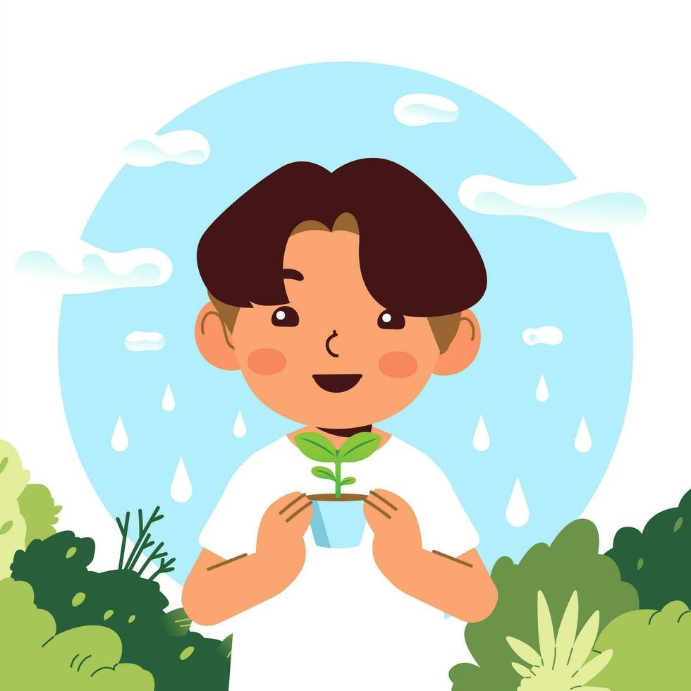 World Environment Earth Day. Boy character holds handful soil with plant sprout seed. Sustainable lifestyle, green, ecological conversation, nature concept vector