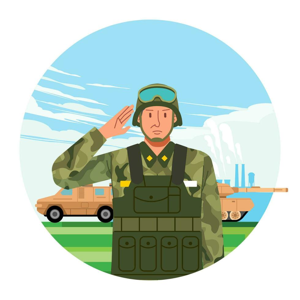 retrato estar por Ejército soldado en camuflaje uniforme saludo en militar base y combate vehículo como antecedentes vector