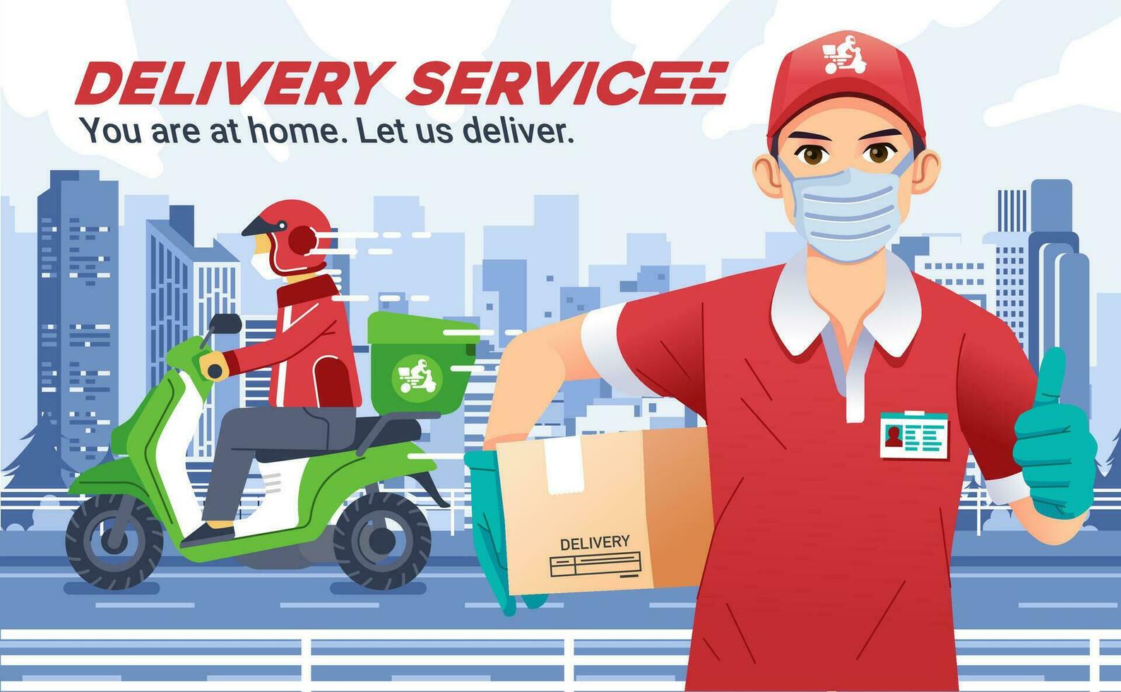 delivery service company with man wearing masks bring a box and thumbs up, delivery courier send the package riding motorcycle and wearing helmet, with city landscape as background vector