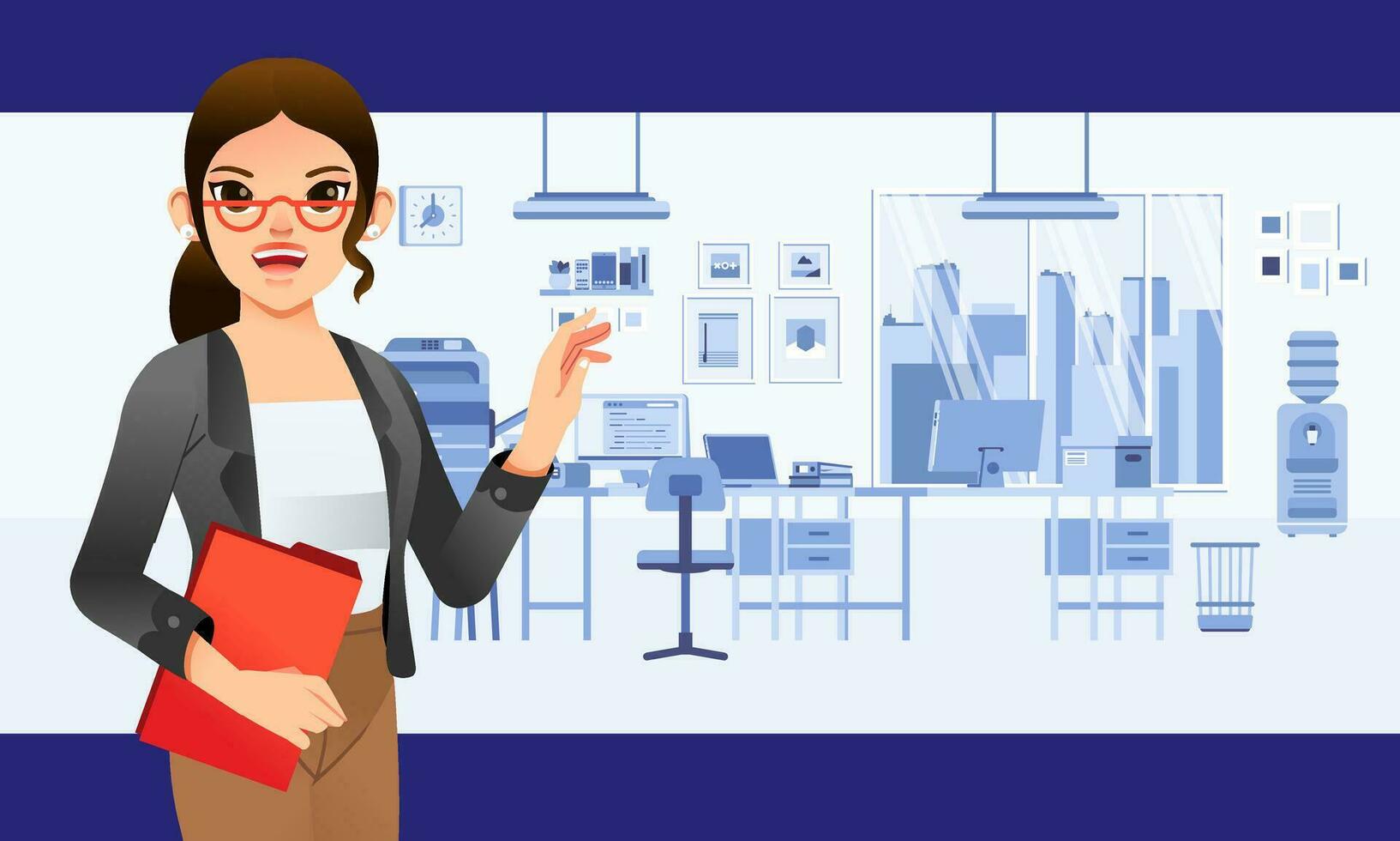 woman secretary giving presentation in the office with office interior as background vector