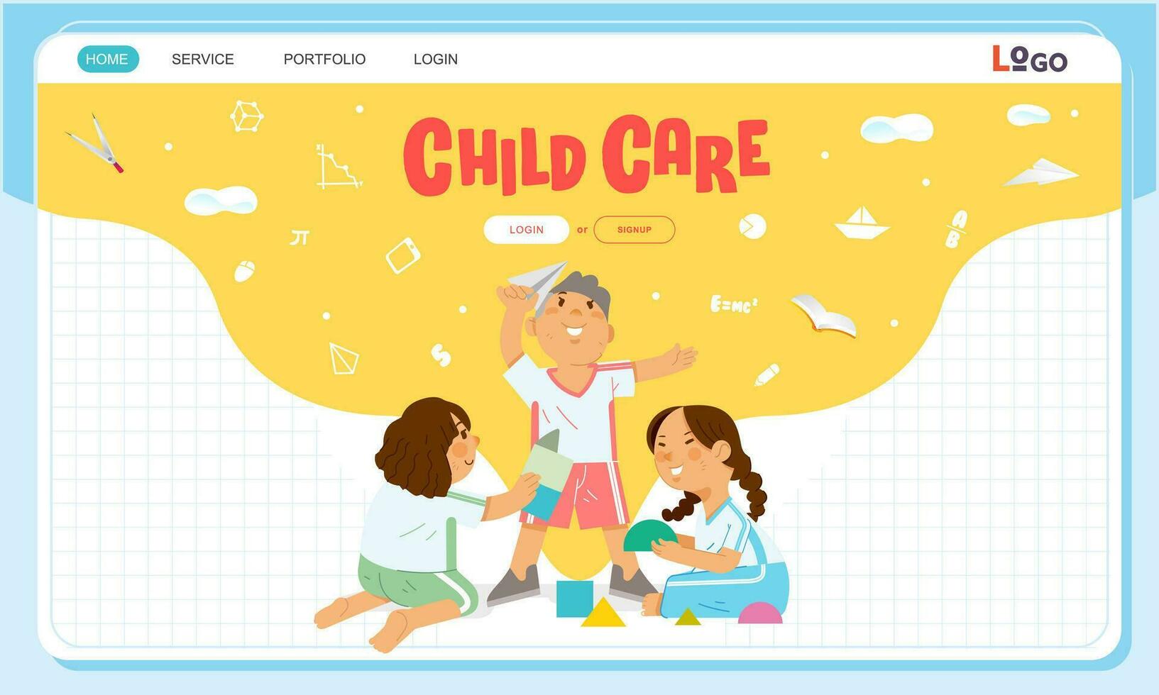 Day care or home schooling website banner illustration, children playing happily with toys vector