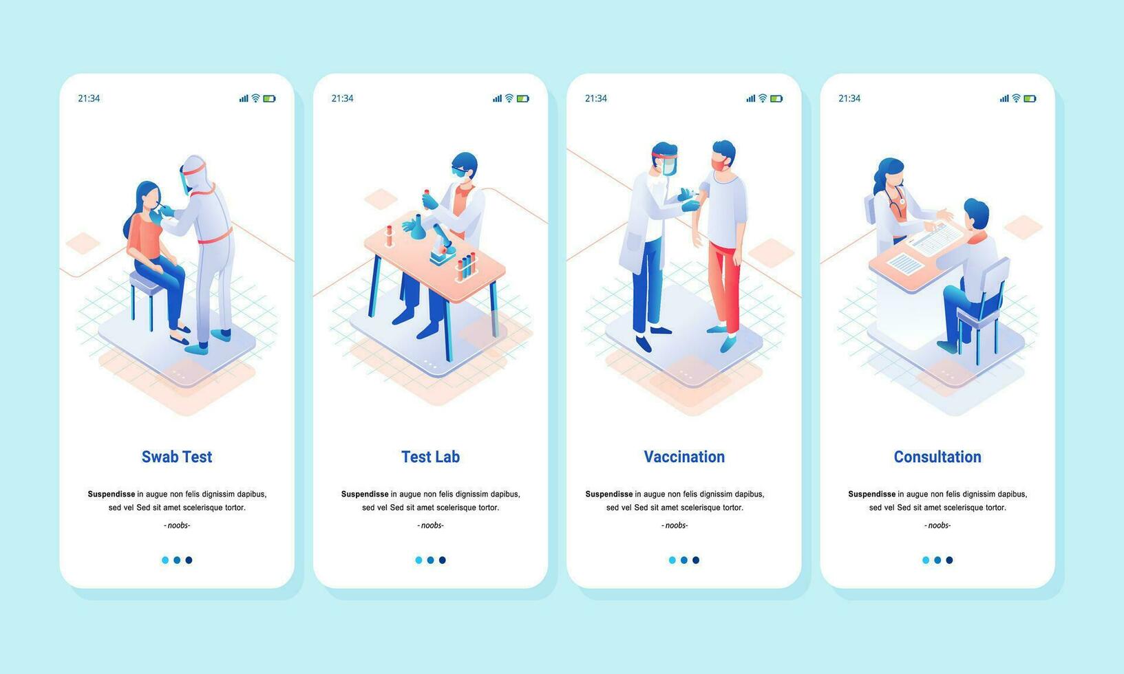 isometric landing page illustration for laboratory swab testing, vaccine administration and testing and health consultations vector