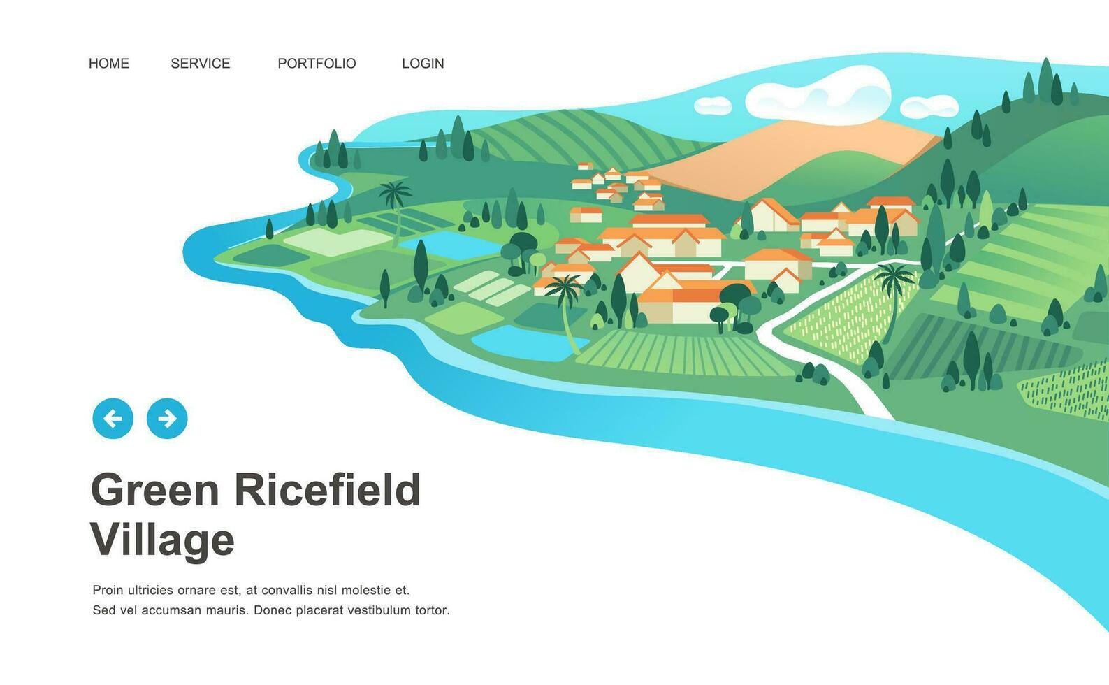 pueblo con casas, campo de arroz, montaña y río paisaje vector ilustración