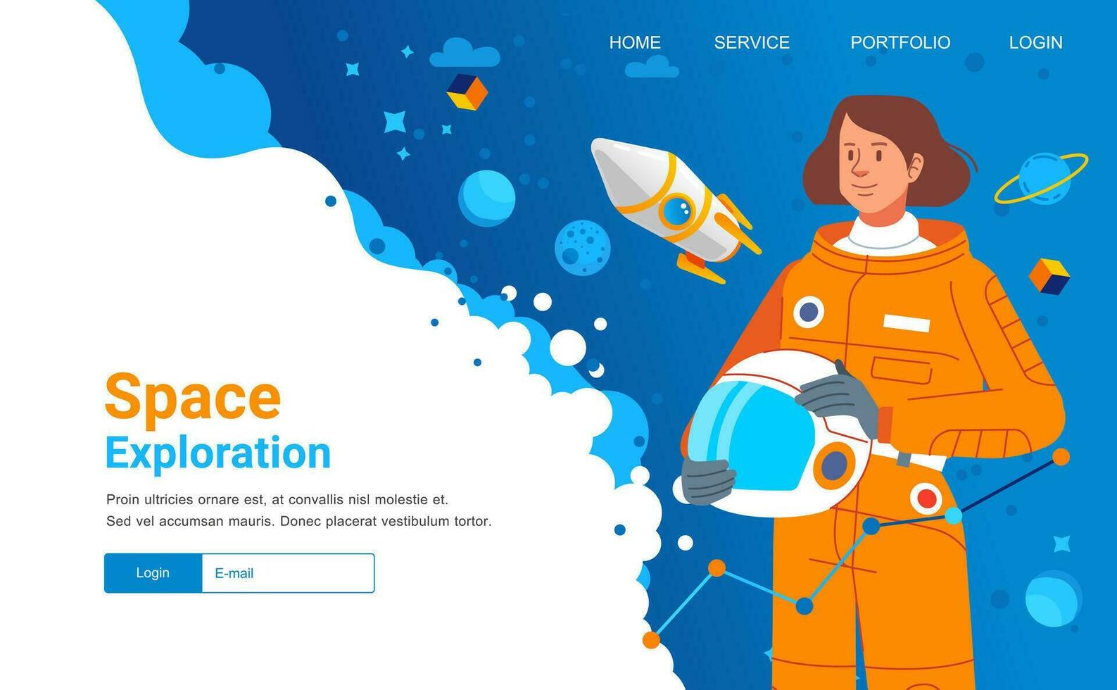 Landing page banner web template space exploration woman cosmonaut astronout wear spacesuit character spaceship planet vector