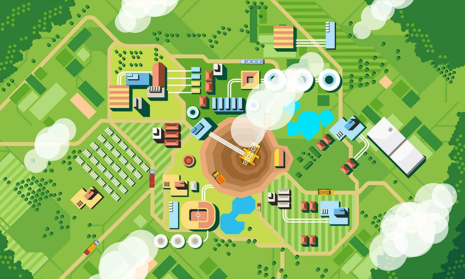Aerial mining industry view concept form above environmentally friendly landscape factory minimalist style vector