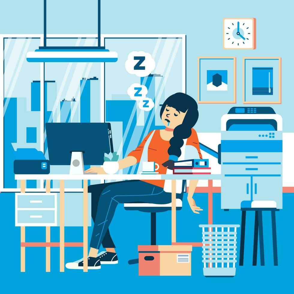 un mujer trabajador dormido en el oficina porque ella estaba cansado de trabajando tiempo extraordinario vector ilustración