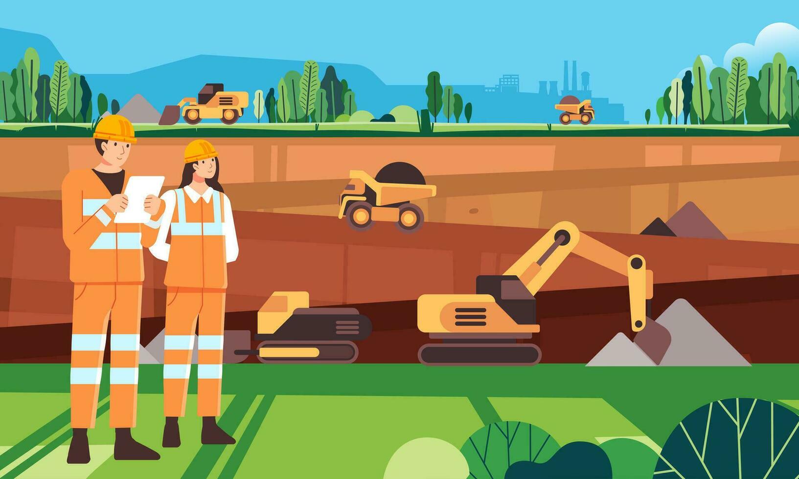 Two project officers are controlling the situation at the mine with tablets on coal mine industry green environmentally friendly landscape vector