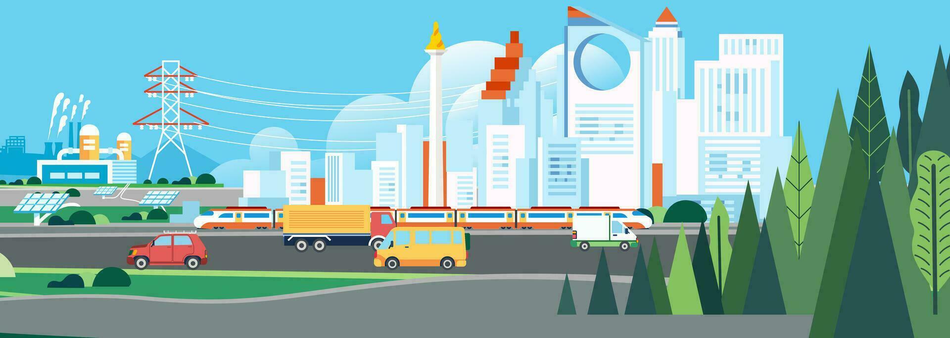 Urban landscape with modern buildings, skyscrapers and suburbs . Road, highway with cars on white background vector