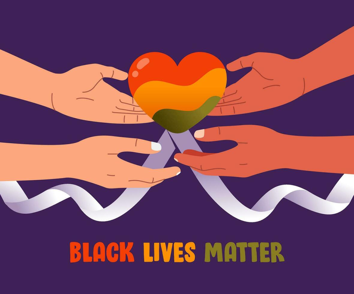 Black lives matter campaign poster banner hand give hearts support black people to gain equal rights, human unity of different races, Stop racism vector