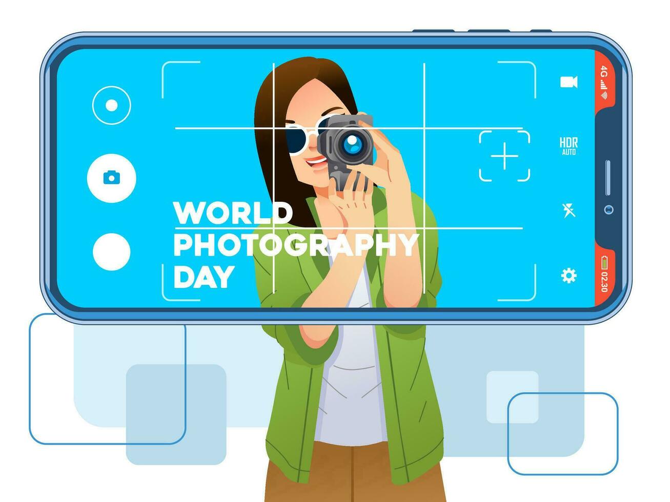 joven preety niña actitud con cámara y fotografiado utilizando un teléfono inteligente vector ilustración