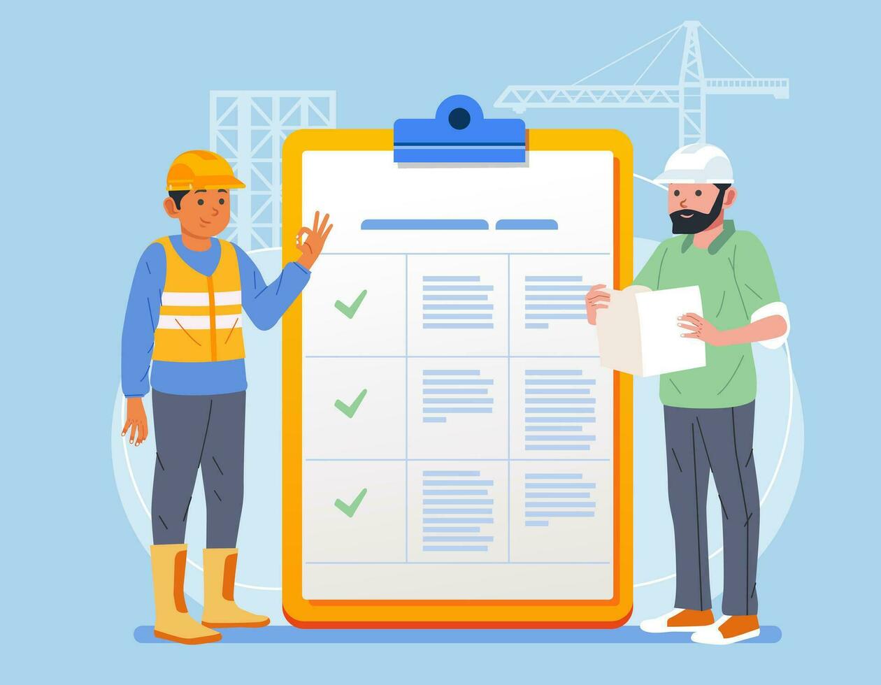 Construction worker with check marked checklist on clipboard Successful completion of progress tasks Flat vector illustration