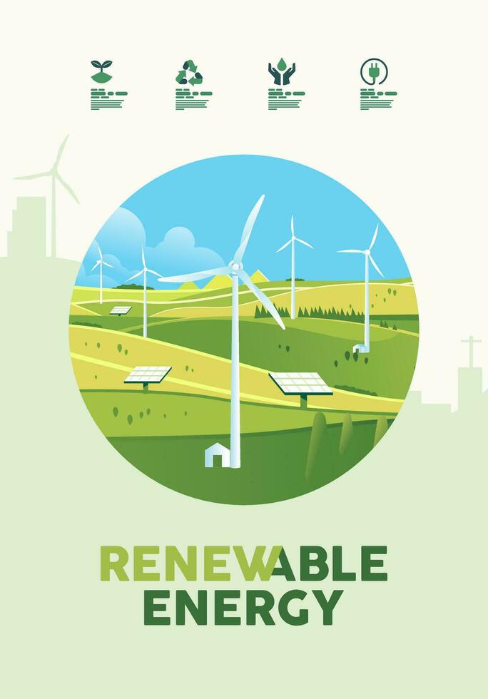 Green hills nature landscape, environment, field, ecology, meadows, renewable alternative energy, wind turbine poster banner concept vector
