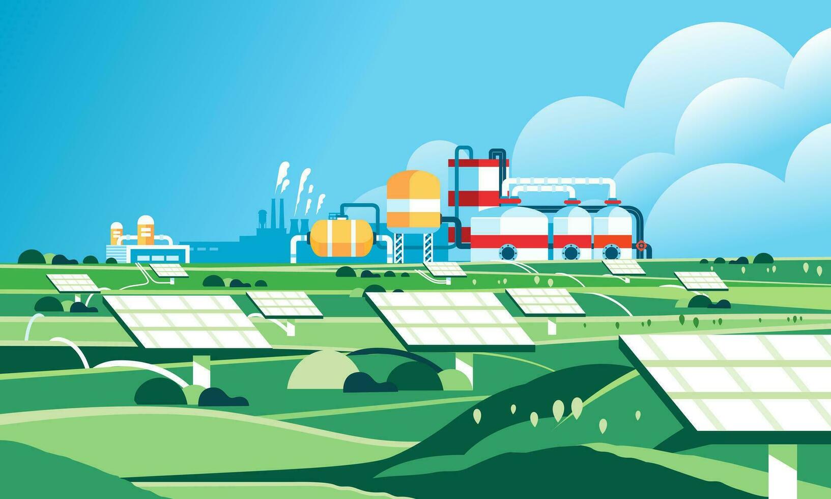 Landscape field with solar panels Sustainable renewable green energy concept Scenery with eco-friendly electricity resources power plan factory vector